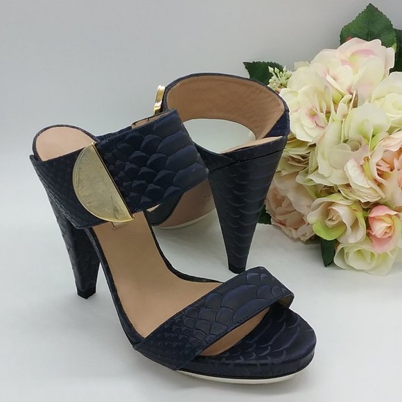 Pura Lopez Blue/Gold Snake Embossed Mules